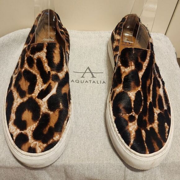 Aquatalia Leopard Print Calfshair/Leather Slip-on Sneakers Sz.7.5 $395 w/Dustbag - Picture 1 of 9